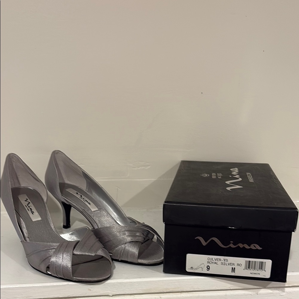 Nina Silver Peep Toe Heels with Pleated Detail